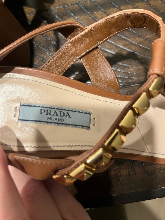 Prada Tan Leather Studded Slingback Sandals with Amber Beads - Picture 4 of 5